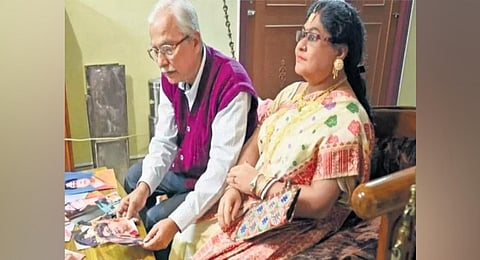 Donning gold jewellery and weighing 30 kg, statue of Tapas Sandilya’s wife is seated on a sofa at her favourite place of the house | Express