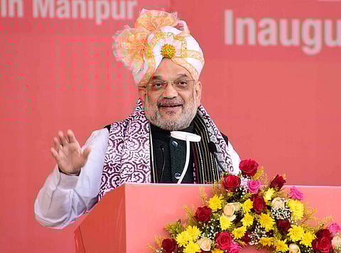 Union Home Minister Amit Shah speaks during an event at Moirang, in Manipur, Jan. 06, 2022. (Photo | ANI)