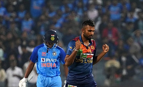 Dasun Shanaka celebrates after dismissing Axar Patel during the second Twenty20 match between India and Sri Lanka in Pune, Jan. 5, 2023. (Photo | AP)