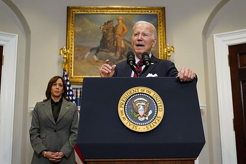 President Joe Biden speaks about border security in the White House as Vice President Kamala Harris watches from behind, Jan. 5, 2023. (Photo | AP)