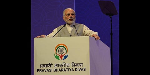 PM Modi addressing a gathering at the Pravasi Bharatiya Divas in 2017. (File Photo | Twitter@External affairs ministry)