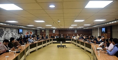 Union Minister Bhupendra Yadav met members of the Jain community to hear their grievances over Jharkhand govt's decision. (Photo | Bhupender Yadav Twitter)