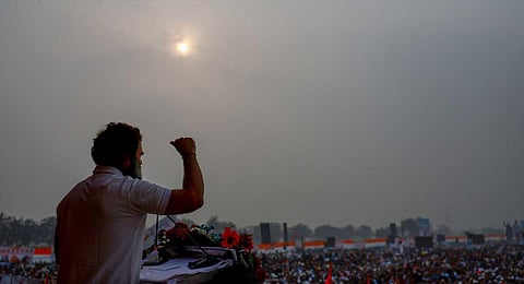 Congress leader Rahul Gandhi addresses a public meeting during the Bharat Jodo Yatra, in Panipat, Friday, Jan. 6, 2023. (PTI)