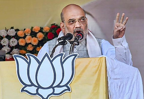 Union Home Minister Amit Shah addresses the BJP 'Vijay Sankalp Maha Rally' in Chaibasa town of Jharkhand, Jan. 7, 2023. (Photo | PTI)
