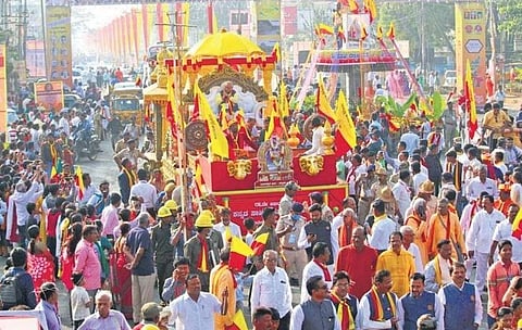 A colourful procession being taken out on the first day of the 86th Kannada Sahitya Sammelana in Haveri on Friday | d hemanth