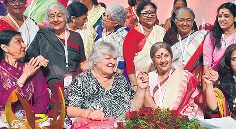 Mallika Sarabhai, Aleida Guevara, Brinda Karat, Teesta Setalvad, Subhashini Ali, Minister R Bindhu,Soosan Kodi and CS Sujatha during the inaugural session of AIDWA national conference on Friday