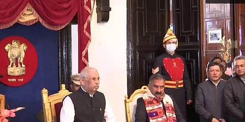 Himachal Pradesh cabinet swearing-in ceremony underway in Shimla in the presence of Governor Rajendra Vishwanath Arlekar, CM Sukhvinder Singh Sukhu (Photo | ANI)