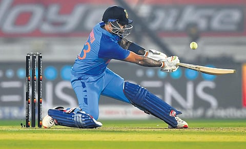 Suryakumar Yadav plays a shot in the 3rd T20I against Sri Lanka at Rajkot on Saturday | afp