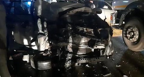 Kerala Home Secretary V Venu's  vehicle rammed into a lorry. (Photo | Special Arrangement)