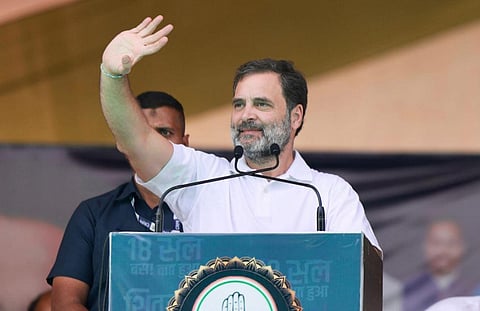 Congress leader Rahul Gandhi addresses during a public meeting, in Shajapur district, Madhya Pradesh, Saturday, Sept. 30, 2023. (PTI Photo)