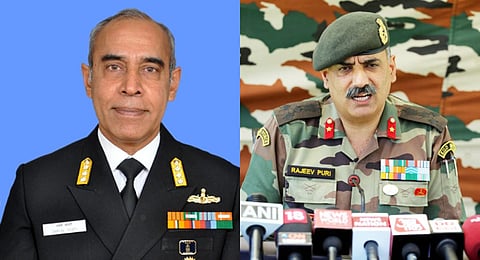 A collage of Vice Admiral Tarun Sobti (L) and Lieutenant General Rajeev Puri, used for representational purposes only. (Photos | Wikimedia commons)