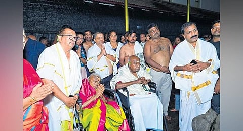 Former PM H D Devegowda and his wife Chennamma offer puja at the Kukke Subramanya temple in Dakshina Kannada district on Monday | Express