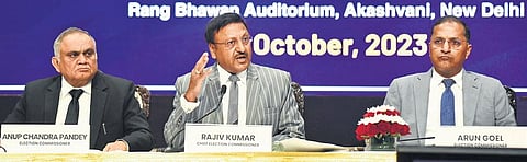 Chief Election Commissioner Rajiv Kumar (C)  announcing the poll timetable | Parveen Negi