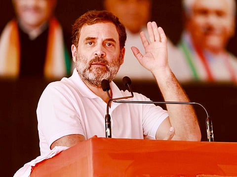 Congress leader Rahul Gandhi speaks during a public meeting ahead of MP Assembly elections, in Shahdol district, Tuesday, Oct. 10, 2023. (Photo | PTI)