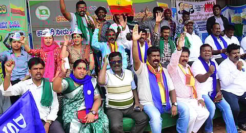 Members of the Karnataka Jala Samraskhana Samiti protest against the release of Cauvery water to Tamil Nadu in Bengaluru on Tuesday | Express
