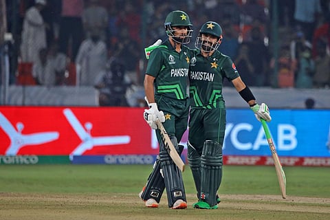 Pakistan's Abdullah Shafique celebrates his century during the ICC Cricket World Cup match between Pakistan and Sri Lanka at Rajiv Gandhi International Cricket Stadium. | Sri Loganathan Velmurugan
