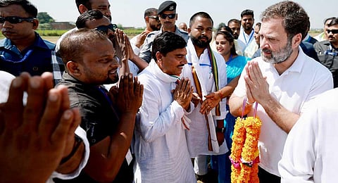 Congress leader Rahul Gandhi arrives to attend a public meeting ahead of MP Assembly elections, in Shahdol district, Tuesday, Oct. 10, 2023. (Photo | PTI)