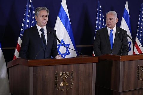US Secretary of State Antony Blinken (L) and Israel's PM Benjamin Netanyahu make statements to the media after their meeting in Tel Aviv, Thursday, Oct. 12, 2023. (Photo | AP)