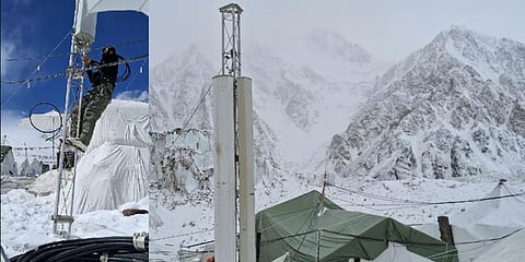 Siachen Warriors installing the towers in the snowbound areas. (Photo | Twitter)