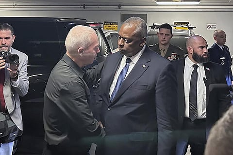 US Defense Secretary Lloyd Austin (R), is greeted by Israel’s Minister of Defense Yoav Gallant in Tel Aviv, Friday, Oct. 13, 2023. (Photo |AP)