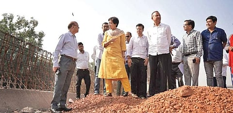 PWD minister Atishi at construction site on Thursday. (Photo | Express)