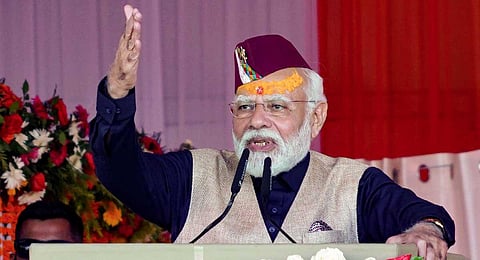 Prime Minister Narendra Modi addresses a public meeting in Pithoragarh district, Uttarakhand, Thursday, Oct. 12, 2023. (PTI)