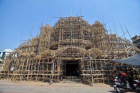 The Durga Puja pandal in the making at Saheed Nagar. (Photo | Debadatta Mallick)