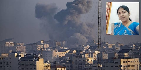 Smoke rises following an Israeli airstrike in Gaza City on October 12, 2023. (Inset) Dr Rathika, associate professor with the TNAU.