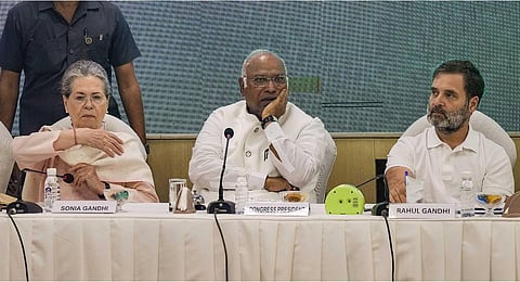 Congress President Mallikarjun Kharge with party leaders Sonia Gandhi and Rahul Gandhi | PTI