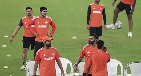 India's captain Rohit Sharma with teammates Virat Kohli, Ishan Kishan, Shubman Gill and others during a practice session ahead of the ICC Men's Cricket World Cup | PTI