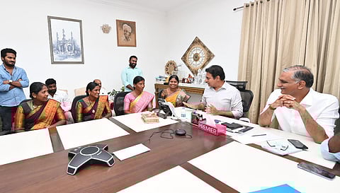 Ministers KTR and Harish Rao launched ``Gulabila Jendale Ramakka song. (Photo | Express)