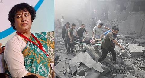 A collage of Bangladeshi writer Taslima Nasrin and the image of Gaza residents carrying a Palestinian injured in an Israeli strike, used for representational purposes only. (Photos | PTI, AP)