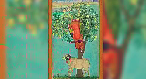 ‘A Parrot Perched on a Mango Tree; a Ram Tethered Below’ painting that was displayed at the Met, New York, US, in 2015; (cut-out) a Bidri artefact | by arrangement