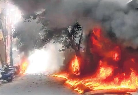 Fire breaks out at an incense stick manufacturing unit at Cholurpalya on Saturday.