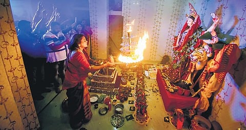 People from the transgender community perform rituals as part of Navratri at Pallashapali in Bhubaneswar | DEBADATTA MALLICK