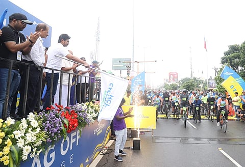 Udhayanidhi Stalin, Minister for Youth Welfare and Sports Development of Tamil Nadu flagging off  HCL-Cyclothon. (Photo | Udhaystalin Twitter)