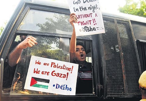 Police detained students who gathered at Jantar Mantar to express solidarity with Palestine on Oct 13, 2023. (Photo | Parveen Negi, EPS)
