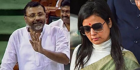 A collage of TMC lawmaker Mahua Moitra (R) and her BJP counterpart Nishikant Dubey (L), used for representational purposes only. (File Photo | PTI)