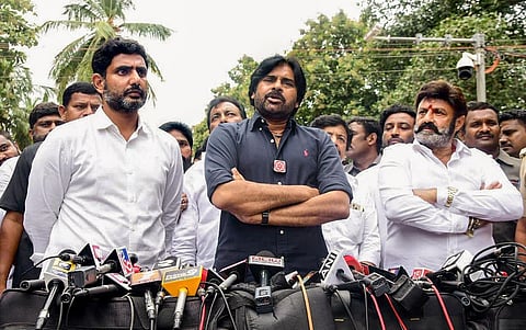 FILE: Jana Sena chief Pawan Kalyan addresses the media after meeting TDP chief N. Chandrababu at Rajahmundry Central Prison, in Andhra Pradesh. (Photo | PTI)