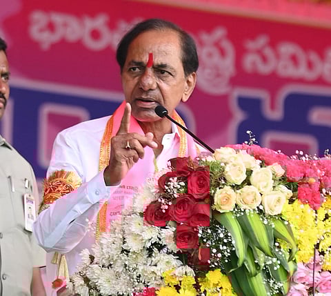 BRS Supremo KCR at a public meeting at Husnabad in Siddipet district which will mark the launch of his election campaign. (Photo | Express)
