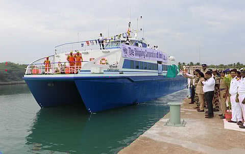 HSC Cheriyapani departing from Nagapattinam Mini Port on its maiden passenger voyage towards Kangesanthurai in Sri Lanka: (Photo | Antony Fernando)