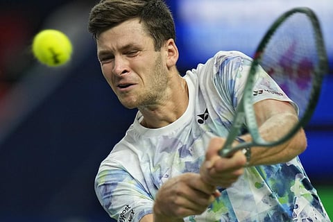 Hubert Hurkacz of Poland returns a shot to Andrey Rublev of Russia during the men's singles final match of the Shanghai Masters tennis tournament. (Photo | AP)