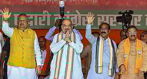 Union Home Minister Amit Shah with former Chhattisgarh chief minister Raman Singh and State BJP President Arun Sao during a public meeting, in Rajnandgaon, Chhattisgarh, Monday, Oct. 16, 2023. (PTI )