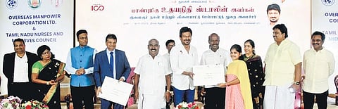 Sports minister Udhayanidhi Stalin hading over job offers to nurses who secured jobs in Saudi Arabia | express