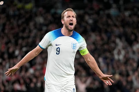 England's Harry Kane celebrates after scoring his side's third goal. (Photo | AP)