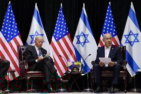 President Joe Biden and Israeli Prime Minister Benjamin Netanyahu participate in an expanded bilateral meeting with Israeli and U.S. government officials on Oct. 18, 2023 in Tel Aviv (Photo | AP)
