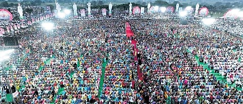 A massive crowd seen at Chief Minister K Chandrasekhar Rao’s public meeting in Siddipet district on Tuesday. KCR also addressed a public meeting in Sircilla
