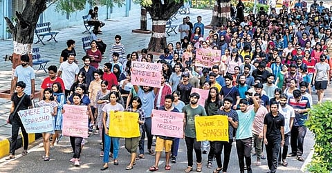 EFLU students stage a protest at the campus on Tuesday