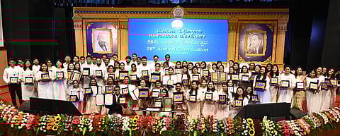 Gold medal winners at the 58th annual convocation of Bangalore University in Bengaluru. (Photo | Nagaraja Gadekal)