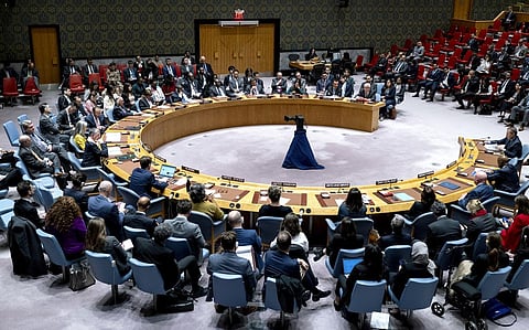 Palestinian UN ambassador Riyad Mansour, background right, addresses members of the UN Security Council at the UN headquarters (Photo | AP)